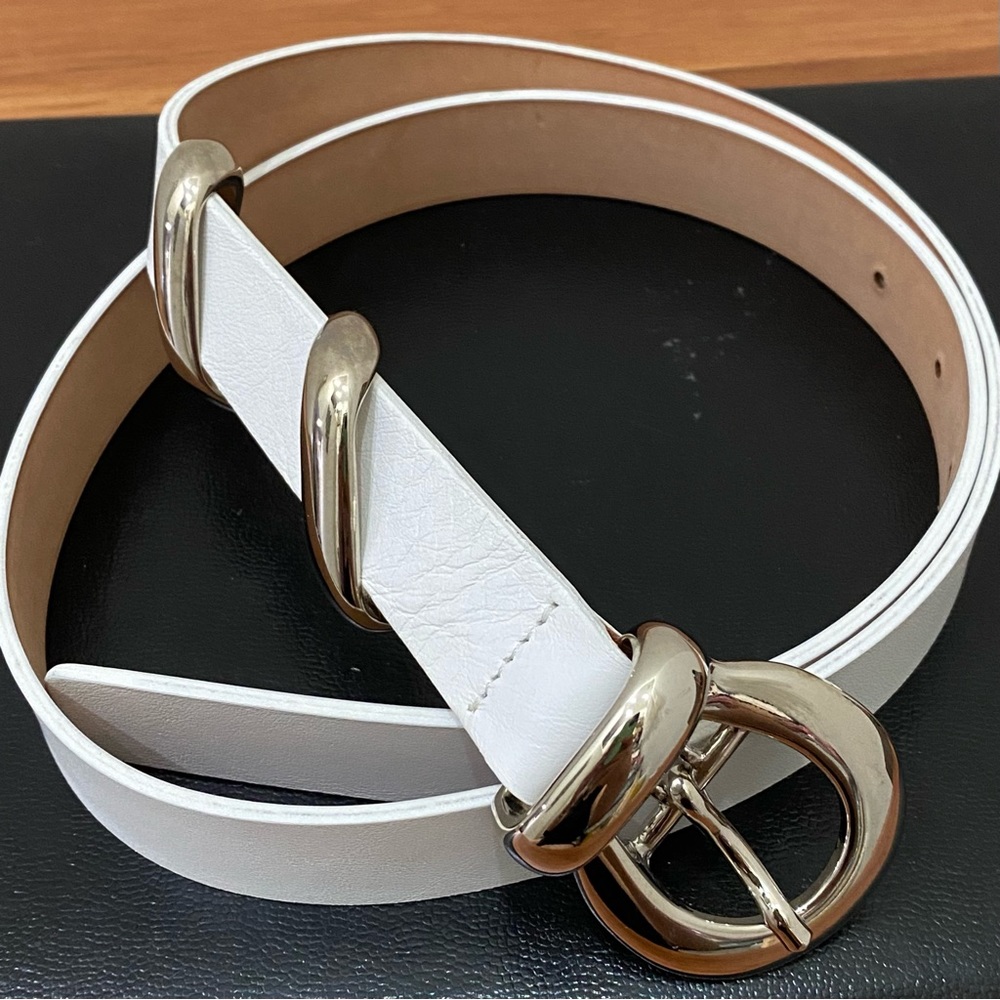 Vintage GARUGLIERI White Genuine Italian Leather Belt Silver-tone Buckle Size XL